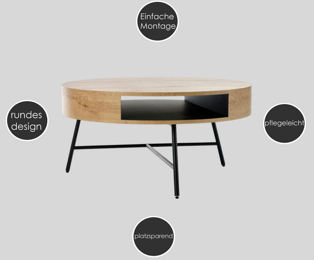 COUCHTISCH rund Eiche Gold Schwarz 80/80/40 cm - Eichefarben/Schwarz, Holzwerkstoff (80/80/41cm) - designimpex