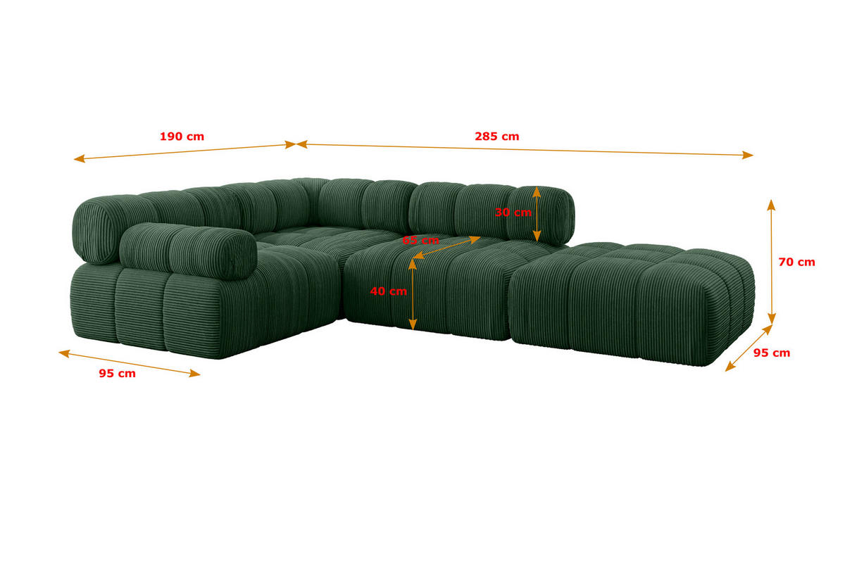ECKSOFA modulares Sofa Felto-L1 - 285x190x70 cm Grün Cord - Grün, Holzwerkstoff/Textil (285/190cm) - ALTDECOR