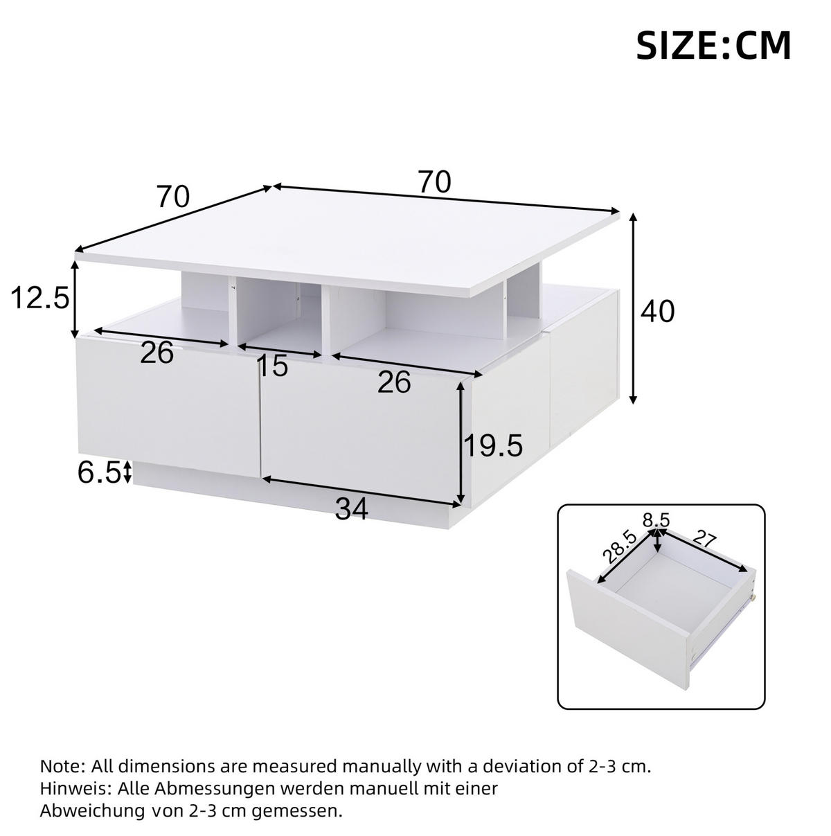 COUCHTISCH 70/70/40 cm weiß aus Spanplatte mit LED und 4 Schubladen - Weiß, Holzwerkstoff (70/70/40cm) - OKMYHOME