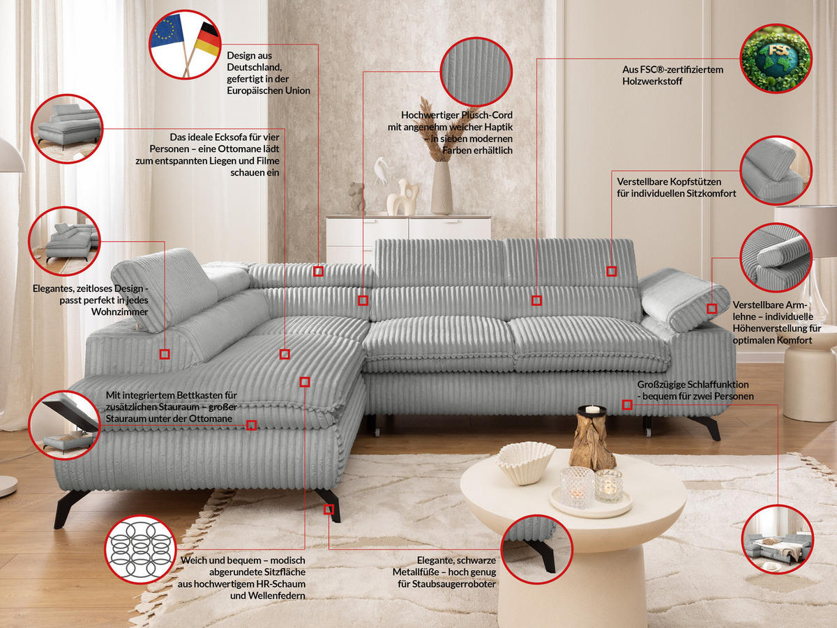 ECKSOFA mit Schlaffunktion und Bettkasten Bonnie aus Hellgrau Cord-Stoff mit verstellbaren Kopfstützen und Armlehne - Ottomane links - Hellgrau/Schwarz, Holz/Textil (275/210cm) - S-Style Möbel