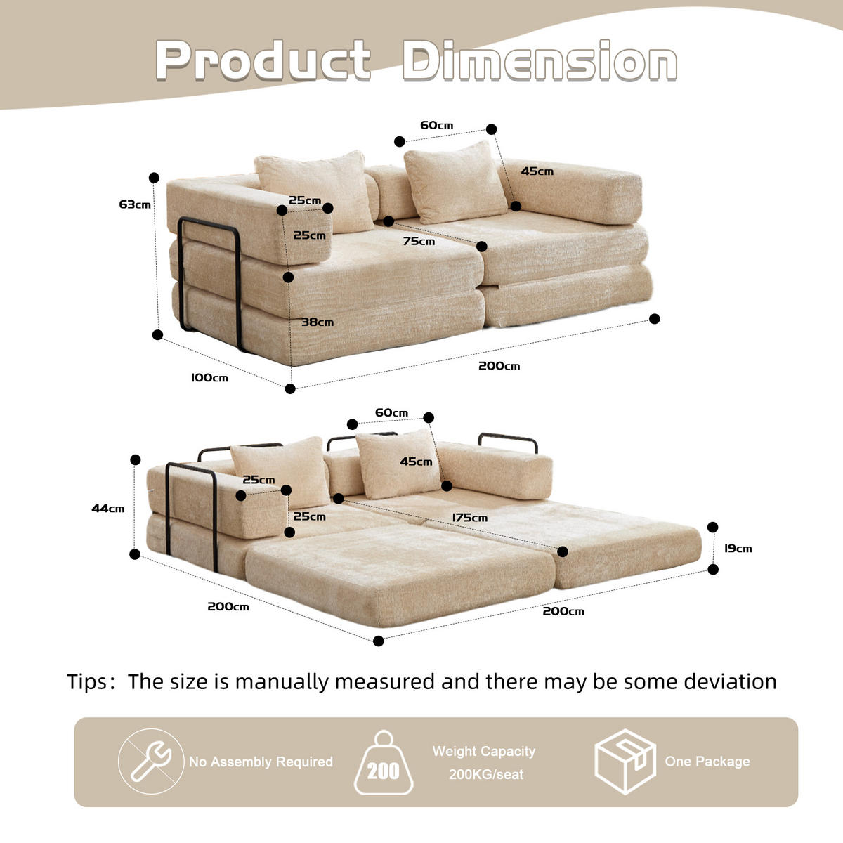 SCHLAFSOFA 2-in-1 faltbar ohne Montage, DE-42526, Beige - Beige, Textil (200/63/100cm) - ComfortXL