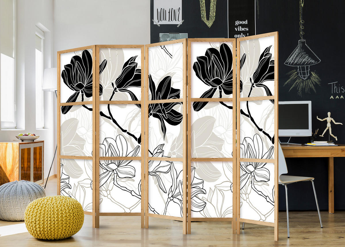 PARAVENT Japanischer 5-tlg 225x172 cm Schwarz-Wei e Magnolien - Multicolor, Holz/Textil (225/172/3cm) - Muralo