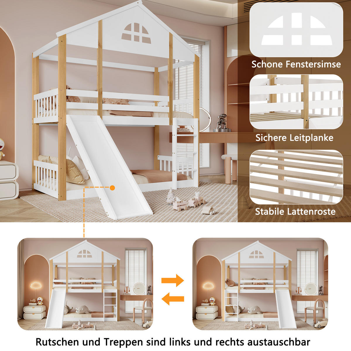 ETAGENBETT 90/200 cm weiß und natur aus Massivholz mit Rutsche und Winkeltreppe - Weiß, Holz (90/200cm) - OKWISH