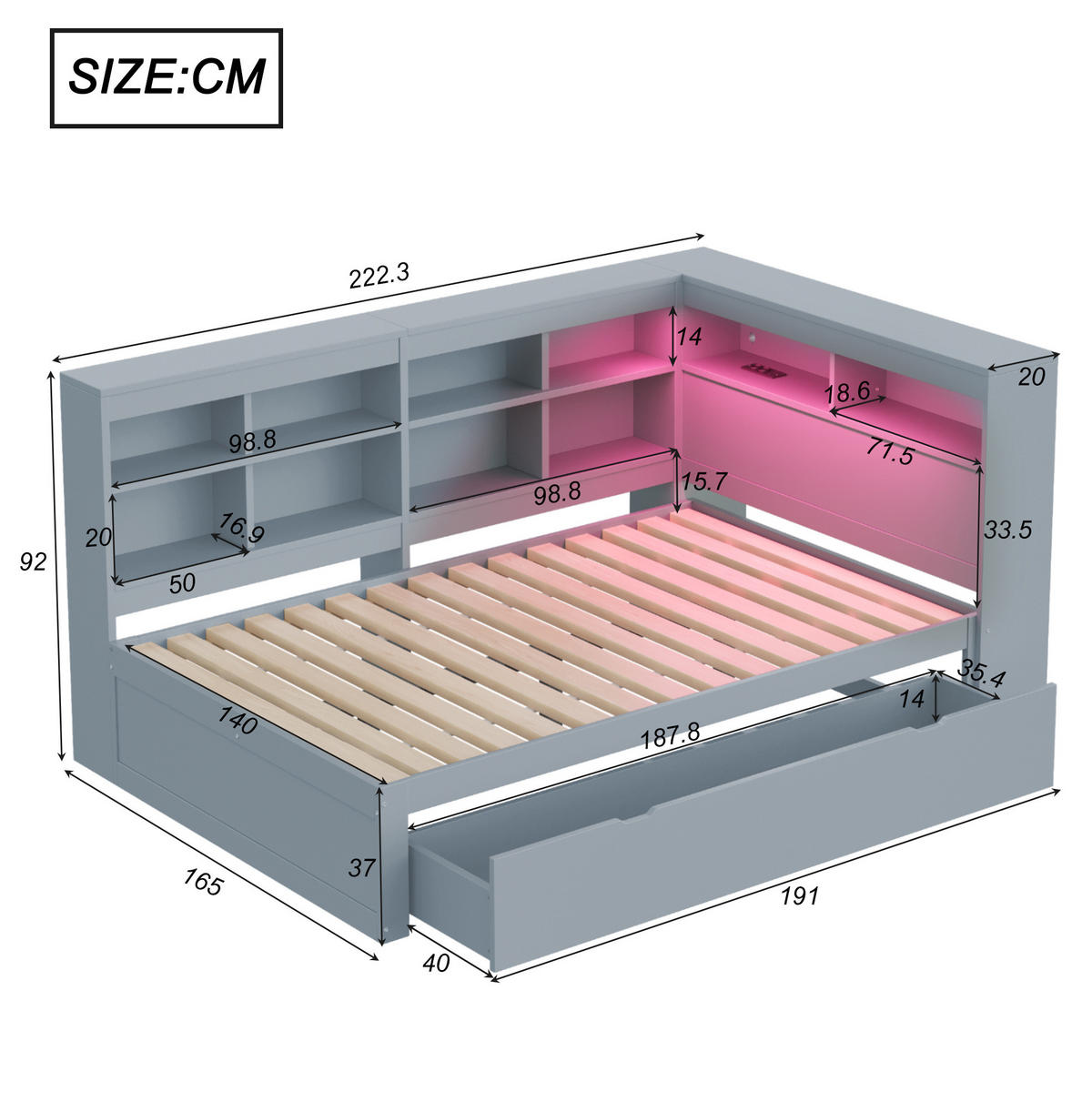 DRVENI krevet 140/200 cm s USB priključkom, LED osvjetljenjem i velikim spremištem, Siva - siva, drvni materijal (140/200cm) - Redom