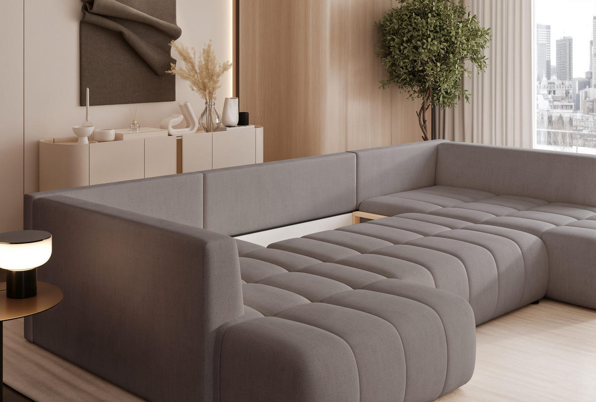 WOHNLANDSCHAFT STONE mit Schlaffunktion und Bettkasten, Stoff Beige-Grau - Grau, Kunststoff/Textil (350/91/190cm) - Idohome