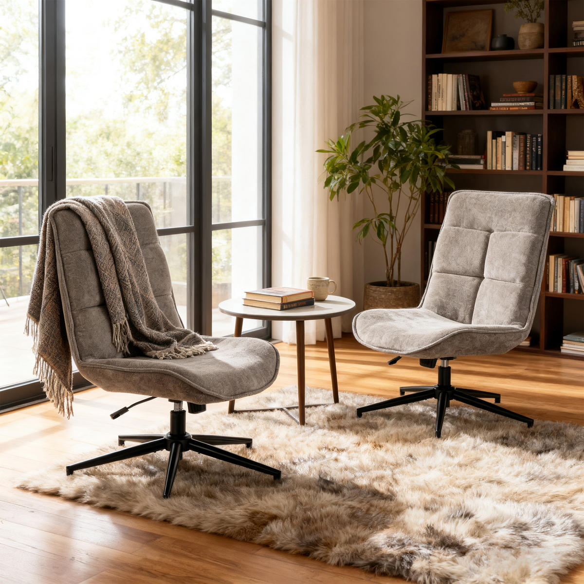 SESSEL 2er-Set, 360° drehbar, höhenverstellbar, ohne Armlehnen, Wildlederoptik, Grau - Grau, Textil (61/95/53cm) - Meubles Cosy