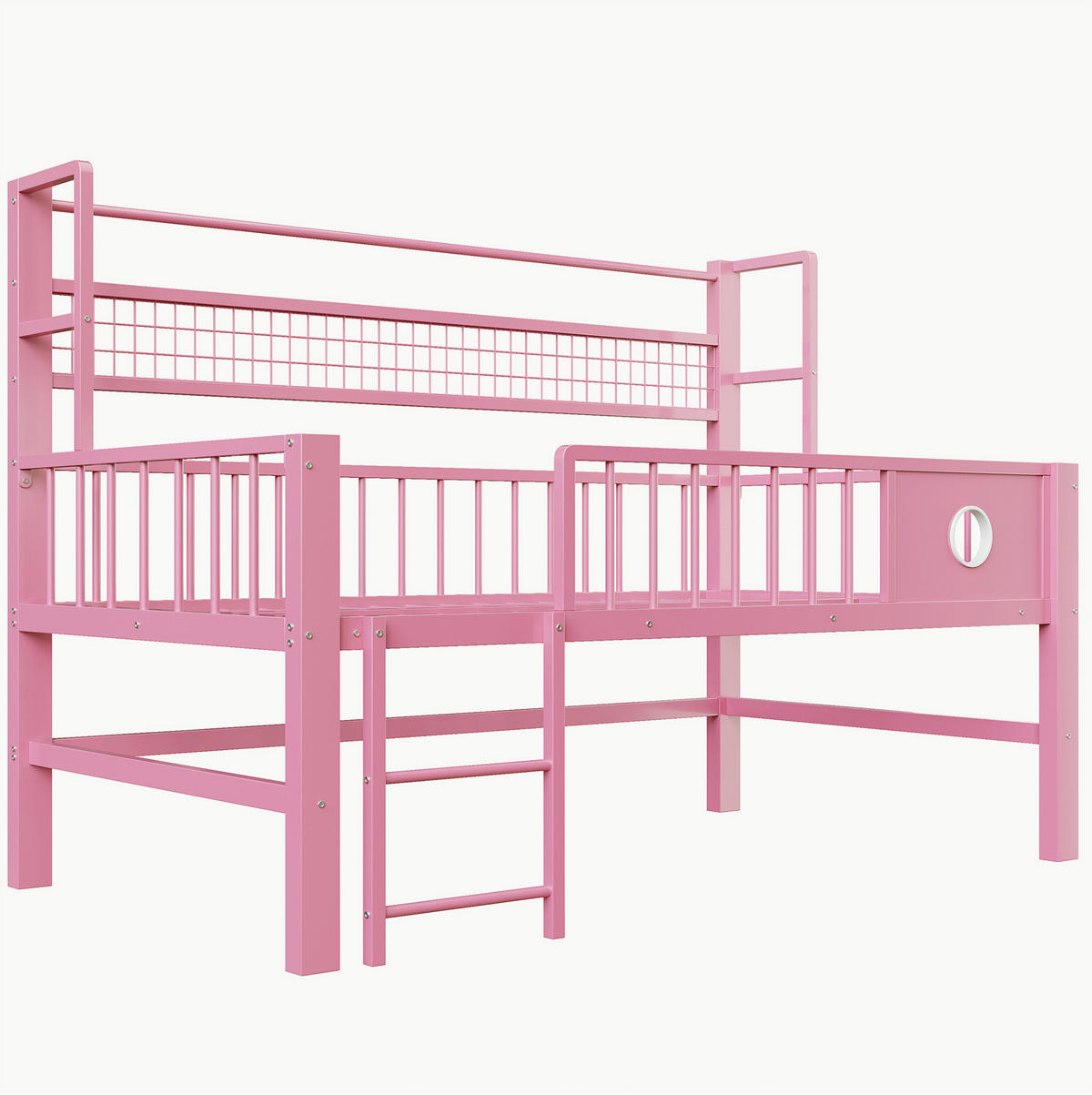 KINDEREINZELBETTEN aus Metall 90x200 cm in Rosa mit Sicherheitsgitter & Stauraum - Rosa, Metall (90/200cm) - Modfu
