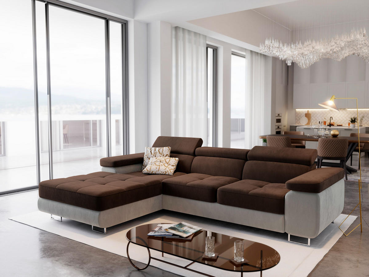 ECKSOFA ELMA L-S Braun Velours-Stoff mit Schlaffunktion - Braun, Holz (280/205cm) - MASSENO