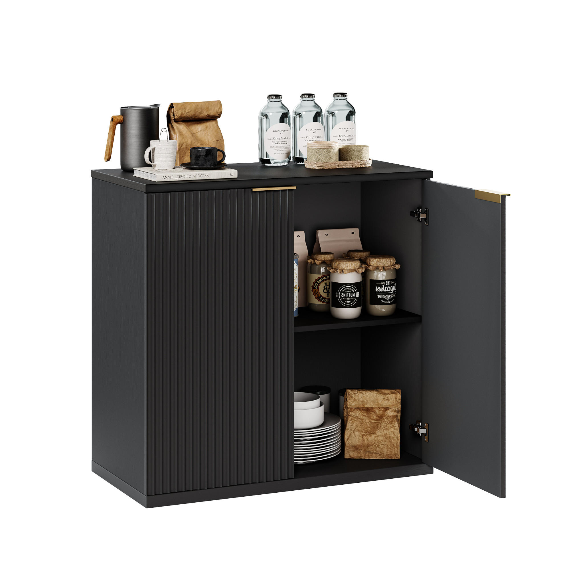 SIDEBOARD 80/40/80 cm schwarz aus MDF mit Faltenfront und Stauraum - Schwarz, Holzwerkstoff (80/80/40cm) - OKWISH