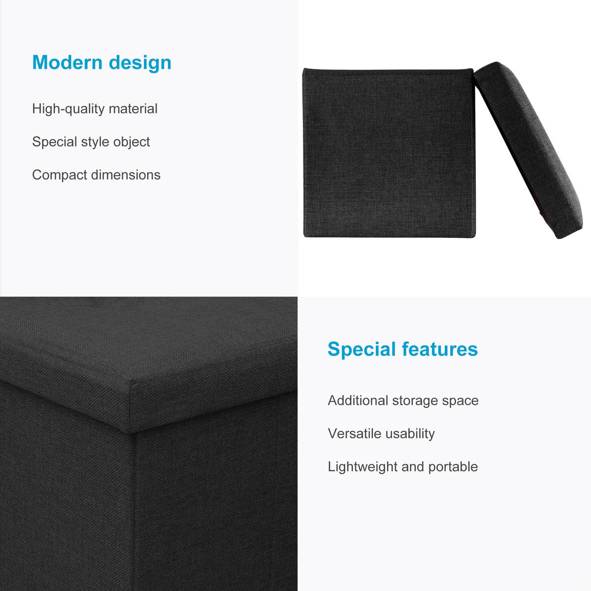 SITZBOX mit Stauraum 30/30/30 cm (Schwarz) - Schwarz, Textil (38/38/38cm) - Intirilife