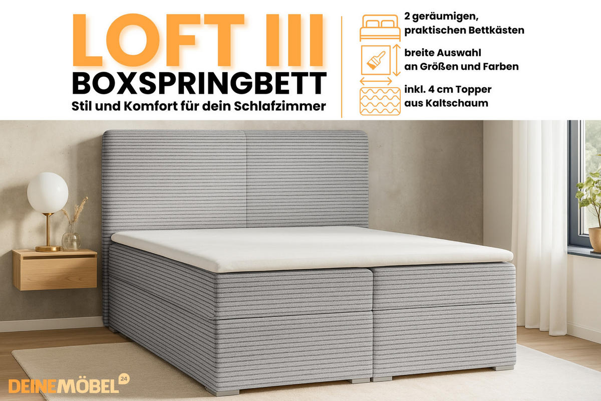 BOXBETT LOFT III 160/200 Cord Hellgrau mit Bonell-Federkernmatratzen H3 - Hellgrau, Holz/Holzwerkstoff (160/200cm) - Deine Möbel 24