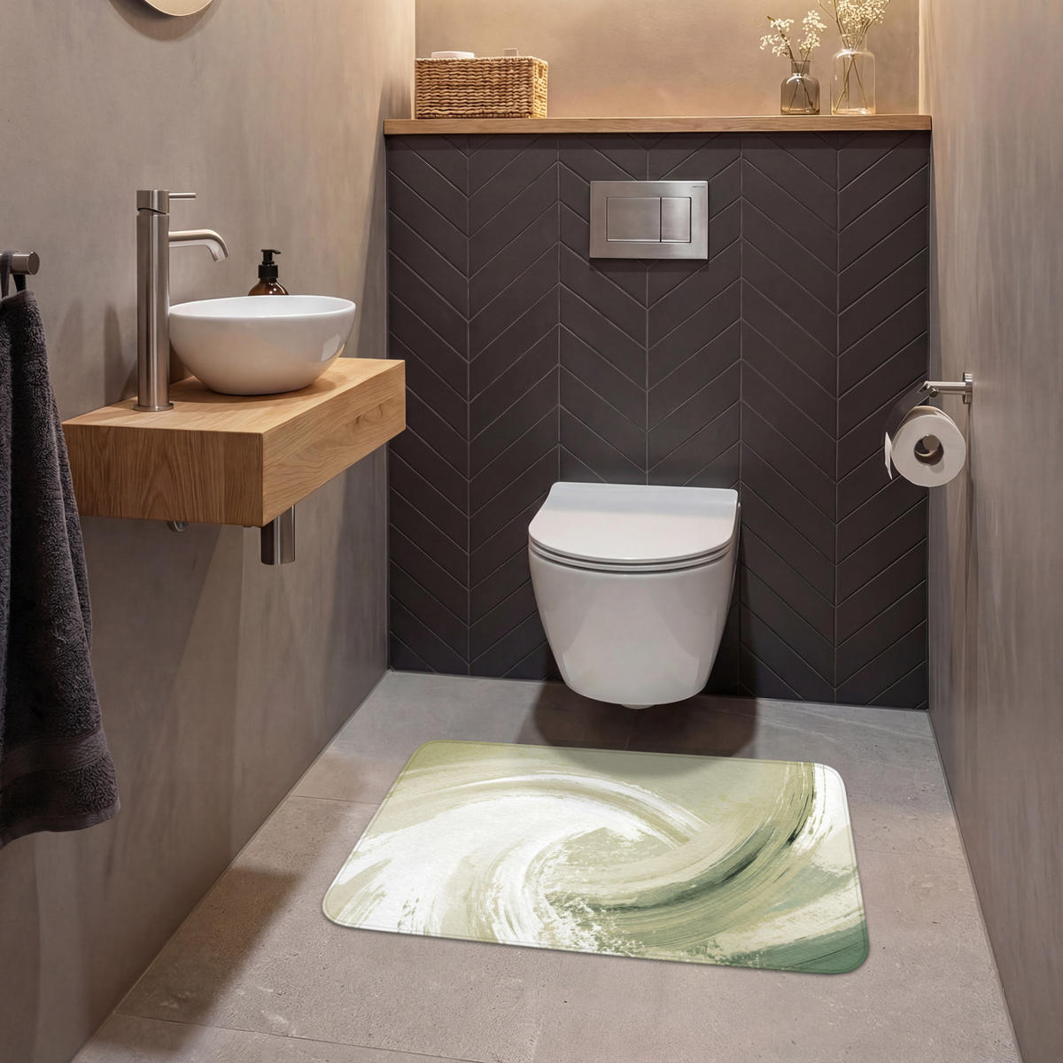 WC PŘEDLOŽKA Abstraktní - Tahy štětcem - Vlny - Zelená 80x50 cm - mátově zelená, textil/plast (80/1cm) - OnlyWow