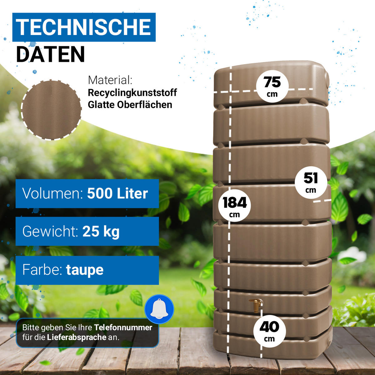 WANDTANK 500 L taupe - Beige, Kunststoff (75/184/51cm) - 4rain