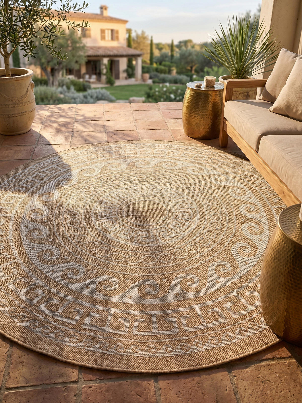 TEPPICH Balkon Retro Pflegeleicht Waschbar Terrasse Rund Beige 200x200 cm – KAUNS - Beige, Textil (200/200cm) - KADIMA DESIGN