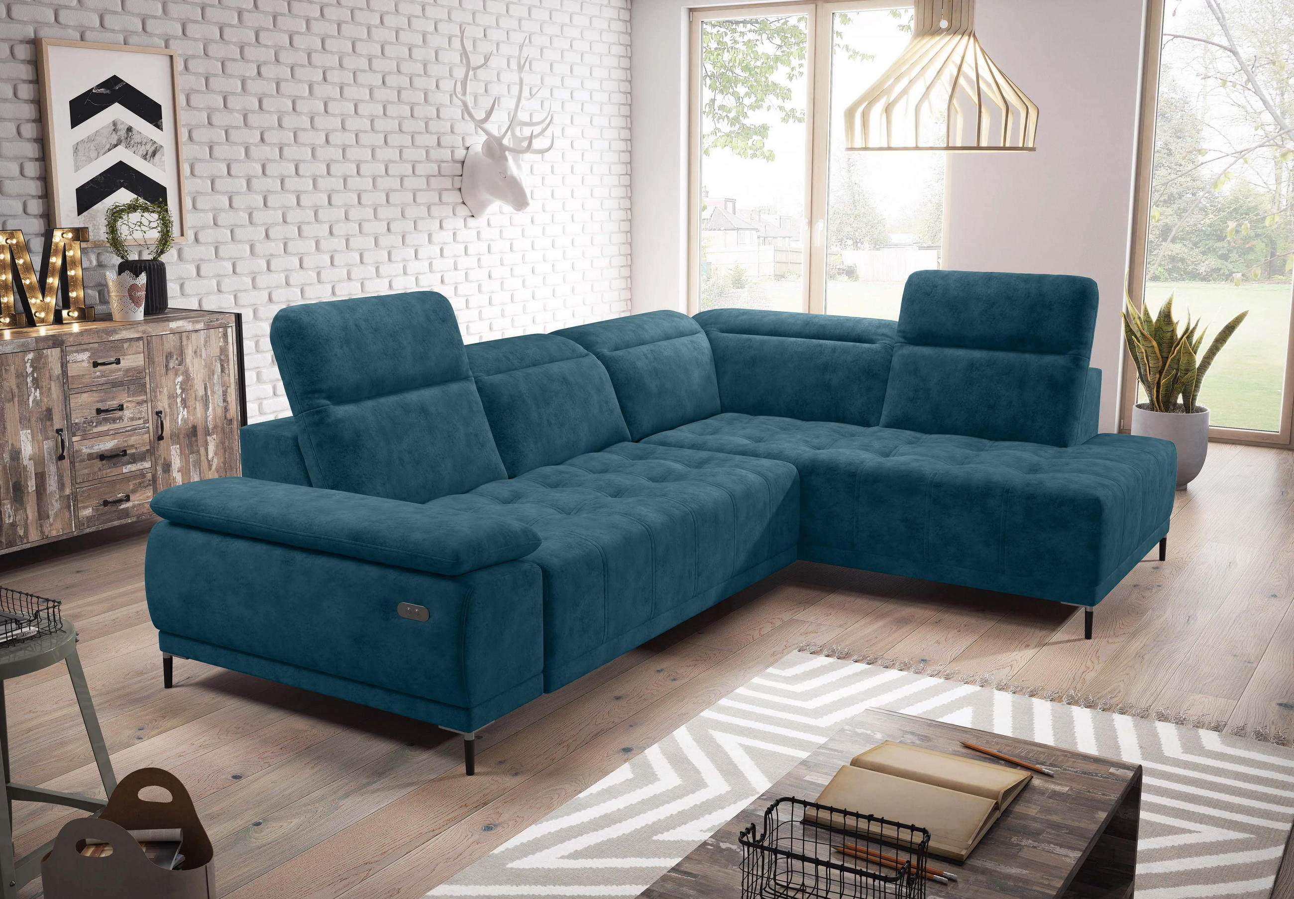 ECKSOFA FOCUS XL L-förmig Konfiguration freistehend RECHTS 352x204x98cm Blue - Blau, Holz/Textil (352/204cm) - DomoHome