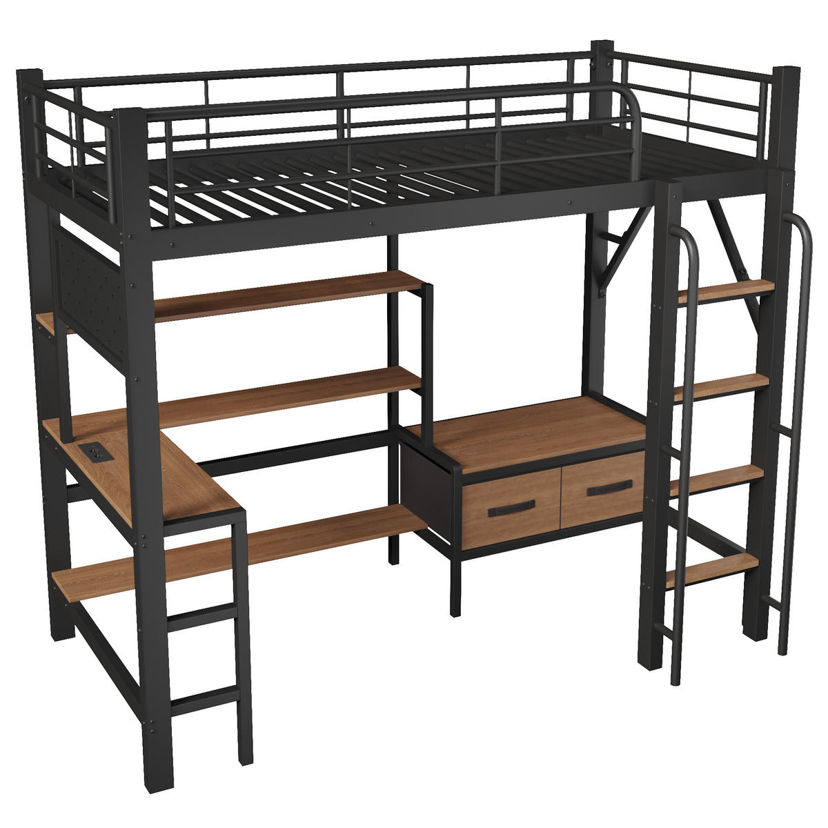 HOCHBETT 90/200 cm mit Eisenrahmen Schwarz, Schreibtisch, Lochwand und LED-Licht - Schwarz, Metall