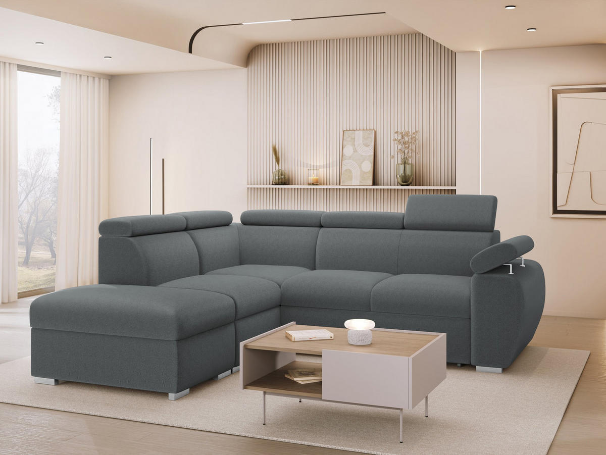 ECKSOFA Boston 2RR1P, Seite: Links PUFAP+R+1P(65)+2R - Silberfarben/Grau, Holz/Textil (260/230cm) - MIRJAN24