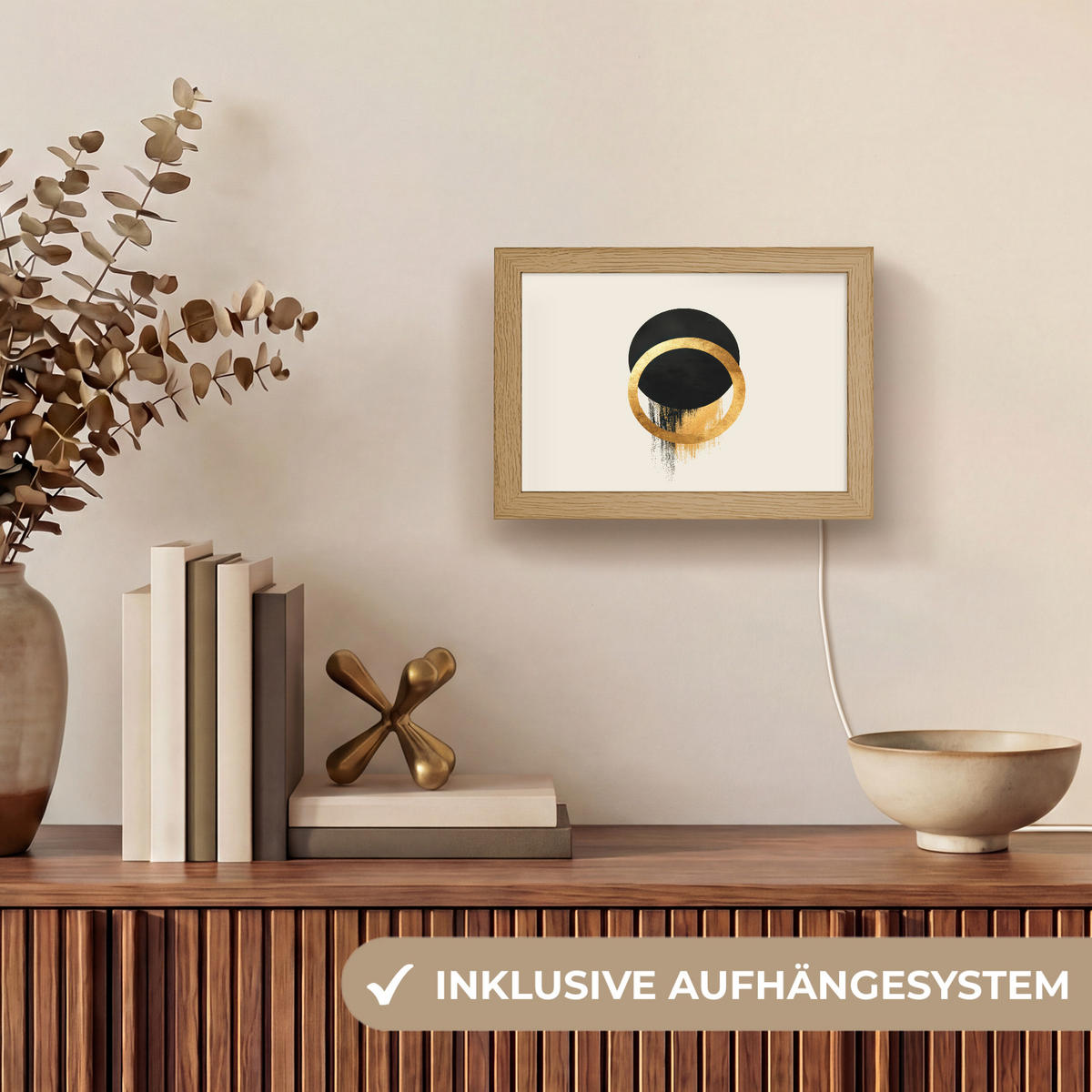 NÁSTĚNNÁ LAMPA Abstraktní design - Černý kruh - Skvrny od barvy 20x15 cm - krémová, kompozitní dřevo (20/15/8cm) - OnlyWow