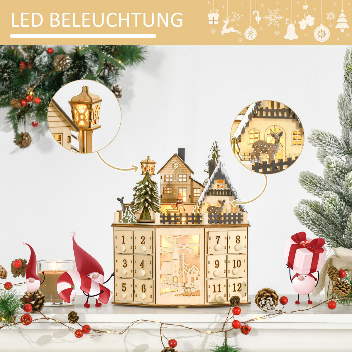 ADVENTSKALENDER Adventskalenderbox mit LED-Lichtern 24 Schubladen Natur - Naturfarben, Holz (20/29/25cm) - HOMCOM