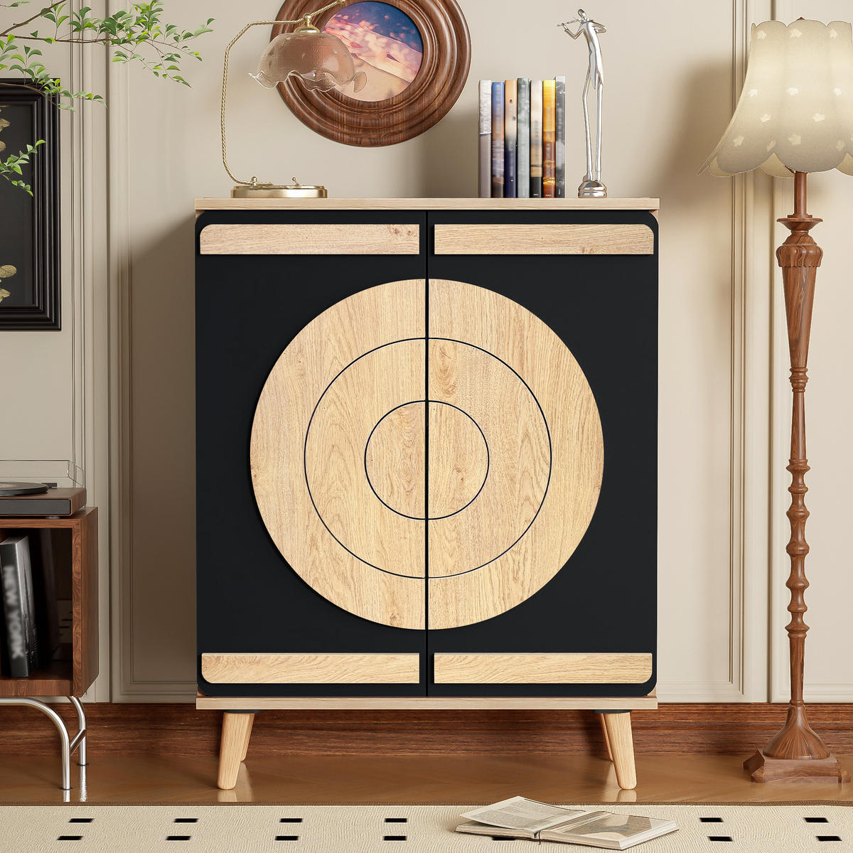 SCHUHSCHRANK Modern Runde Geometrische Türen Stauraum Holzbeine - Schwarz, Holzwerkstoff (37/98.5/76cm) - FLIEKS