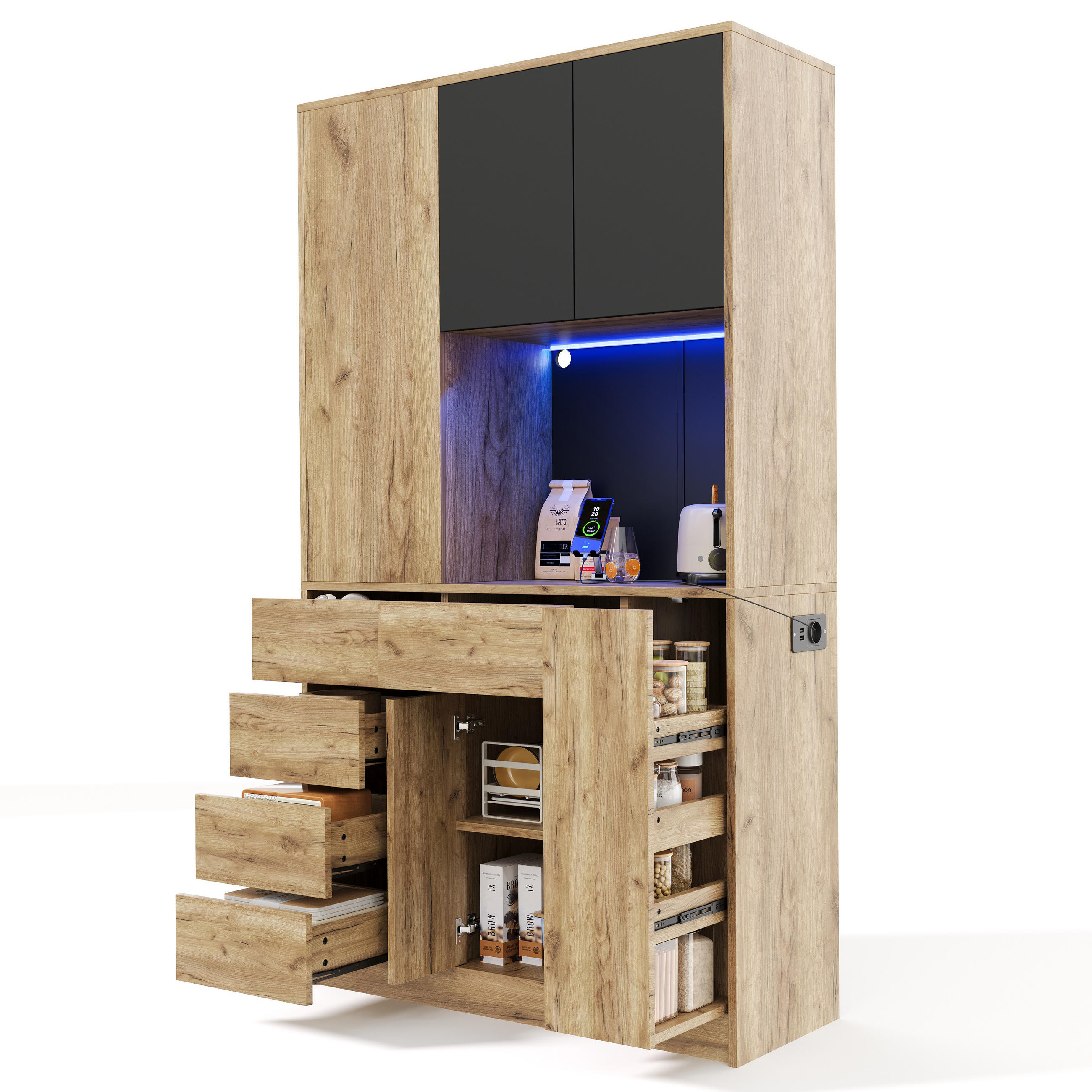 BUFFETSCHRANK schwarz-natur aus MDF mit App-Farbwechsel-LED und integrierter Steckdosenleiste 105 × 40 × 185 cm - Naturfarben, Holzwerkstoff (105/185/40cm) - Luhomfu