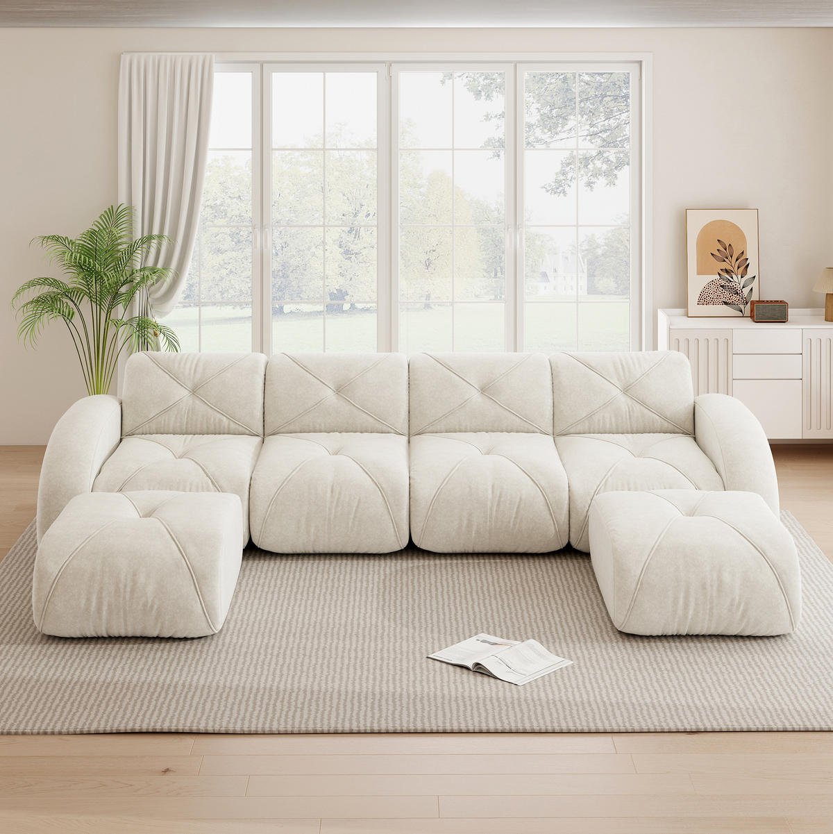 SOFA U-Form 4-Sitzer Chenille White mit 2 Hockern - Weiß, Kunststoff (171/76/358.1cm) - Meubliv