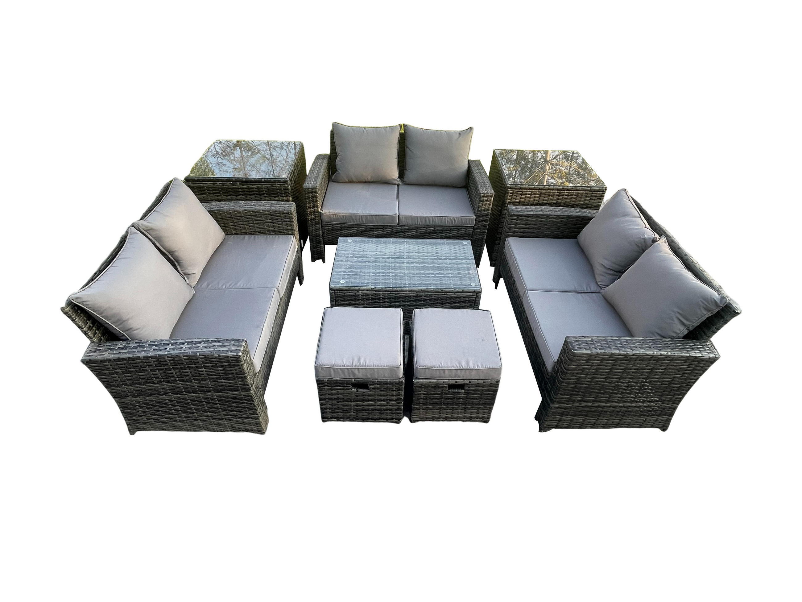 GARTENMÖBEL-SET MIT 2 BEISTELLTISCHE 2 KLEINE HOCKER LIEBESSITZ-SOFA Polyrattan Dunkelgrau Gemischt 8-Sitzer - Dunkelgrau, Metall - Fimous