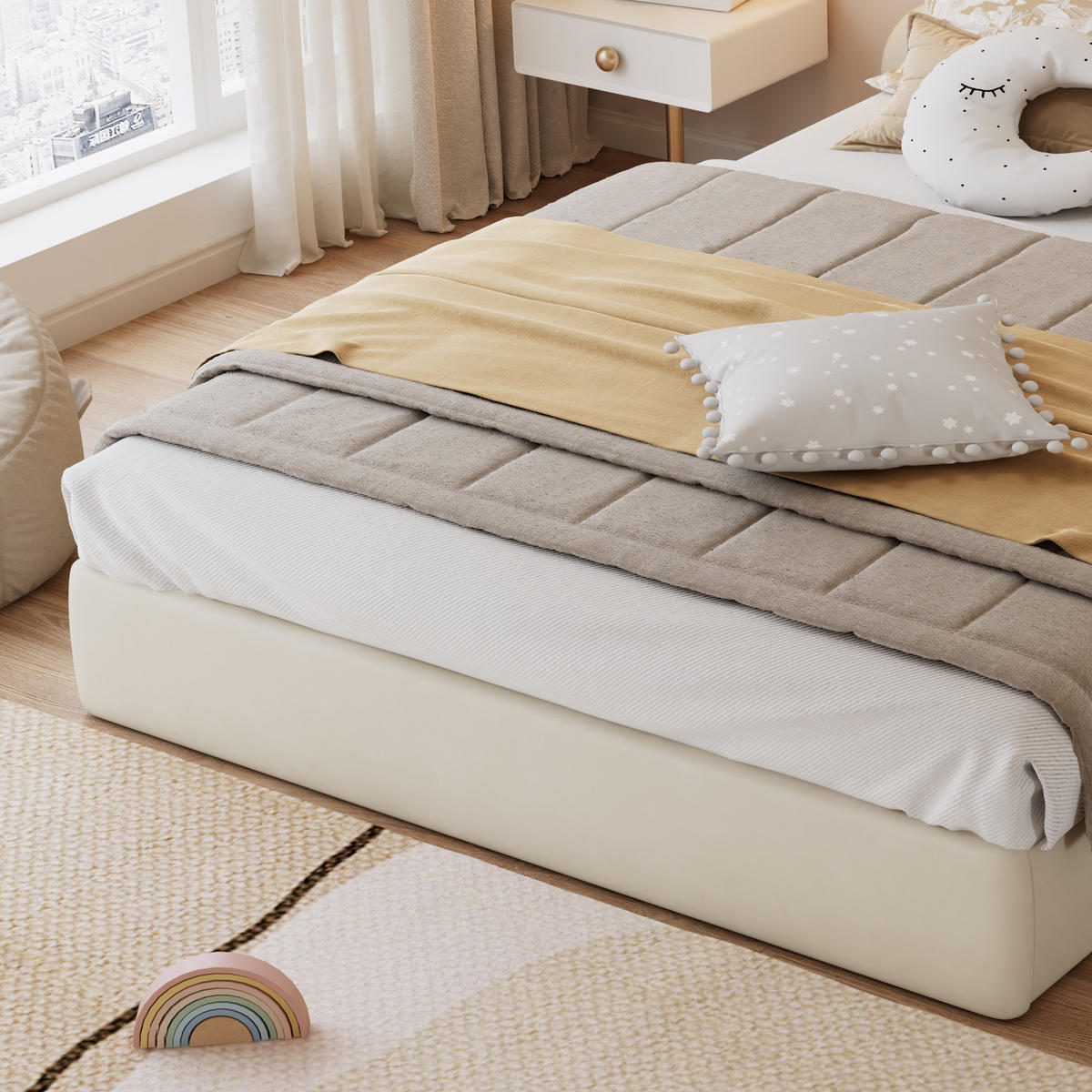 POLSTERBETT 140/200 cm in Beige Samt mit Blüten-Kopfteil - Beige, Holzwerkstoff/Textil (140/200cm) - STILVORA