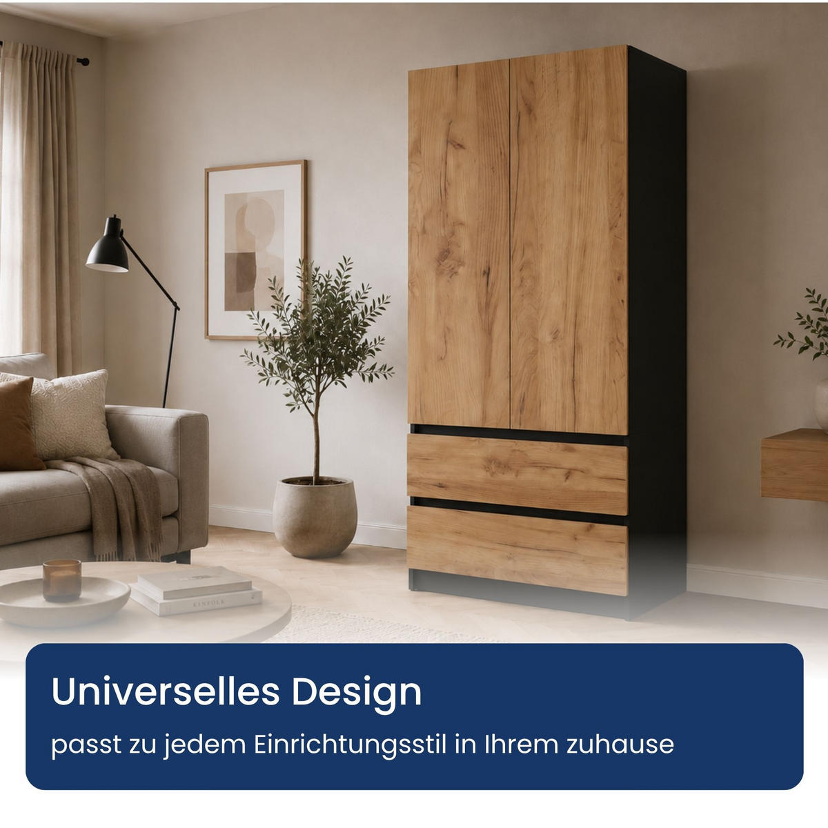 KLEIDERSCHRANK mit 2 Türen und Schubladen in Schwarze Craft-Eiche - Schwarz/Naturfarben, Holzwerkstoff (90/180/50cm) - Home Collective