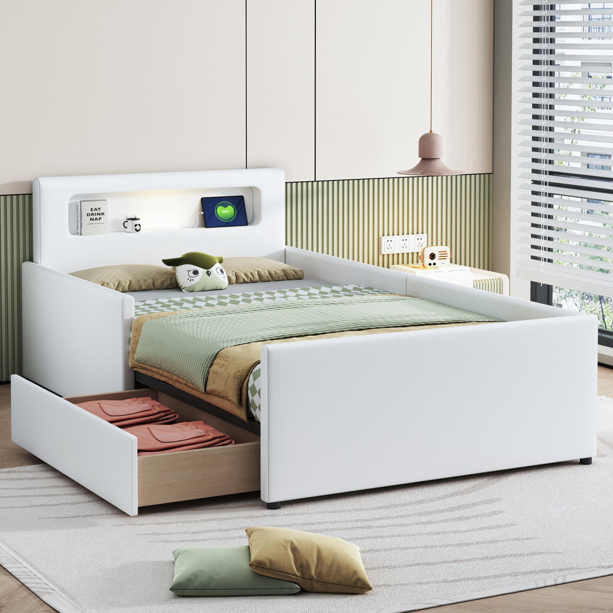POLSTERBETT 90/200 cm Weiß aus Kunstleder mit Nachtlicht und USB-Ladeanschluss - Weiß, Textil (90/200cm) - OKMYHOME
