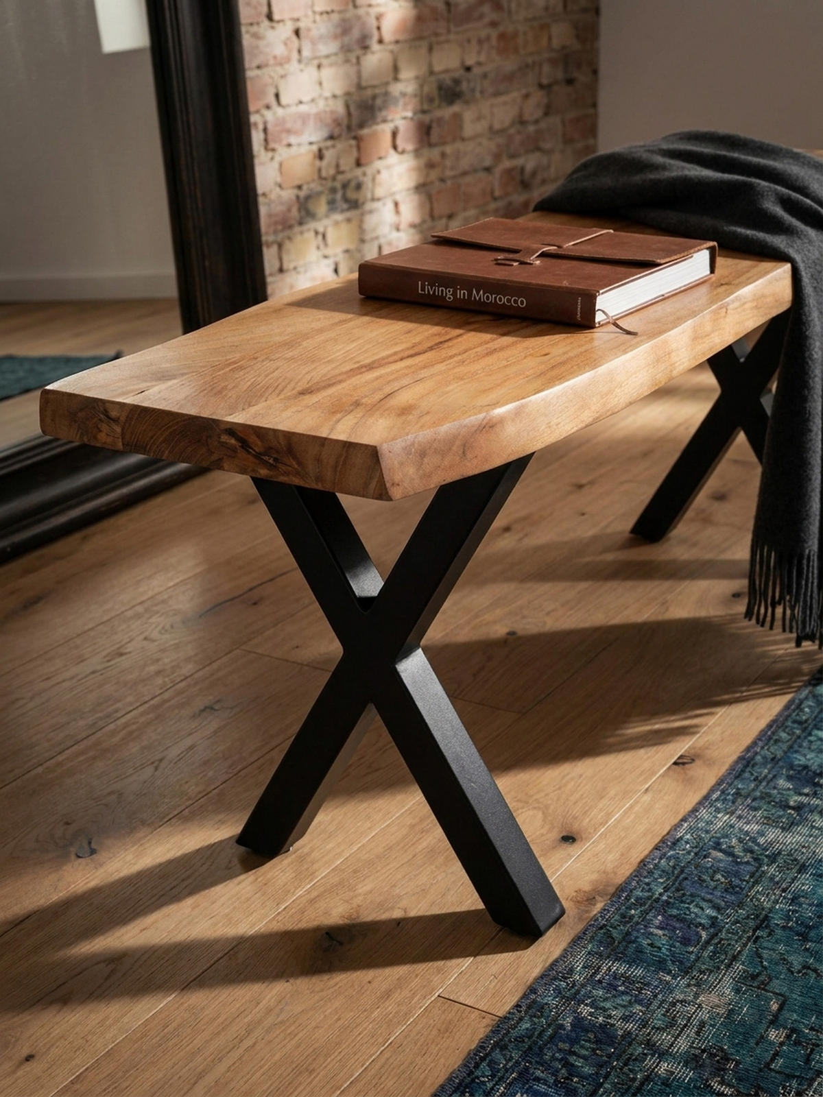 SITZBANK – Akazie/Massivholz/Metall, 120x40x45,5 cm, Baumkante, ohne Lehne - Schwarz/Braun, Holz/Metall (120/46/40cm) - KADIMA DESIGN