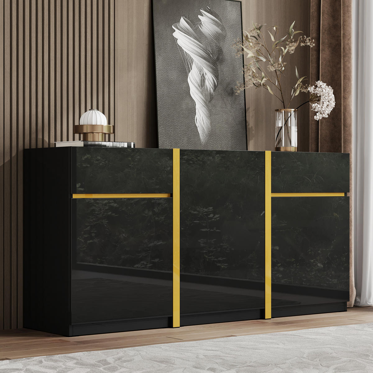 SIDEBOARD Hochglanz 3 Türen 2 Schubladen modern - Schwarz, Holzwerkstoff (40/78/160cm) - FLIEKS