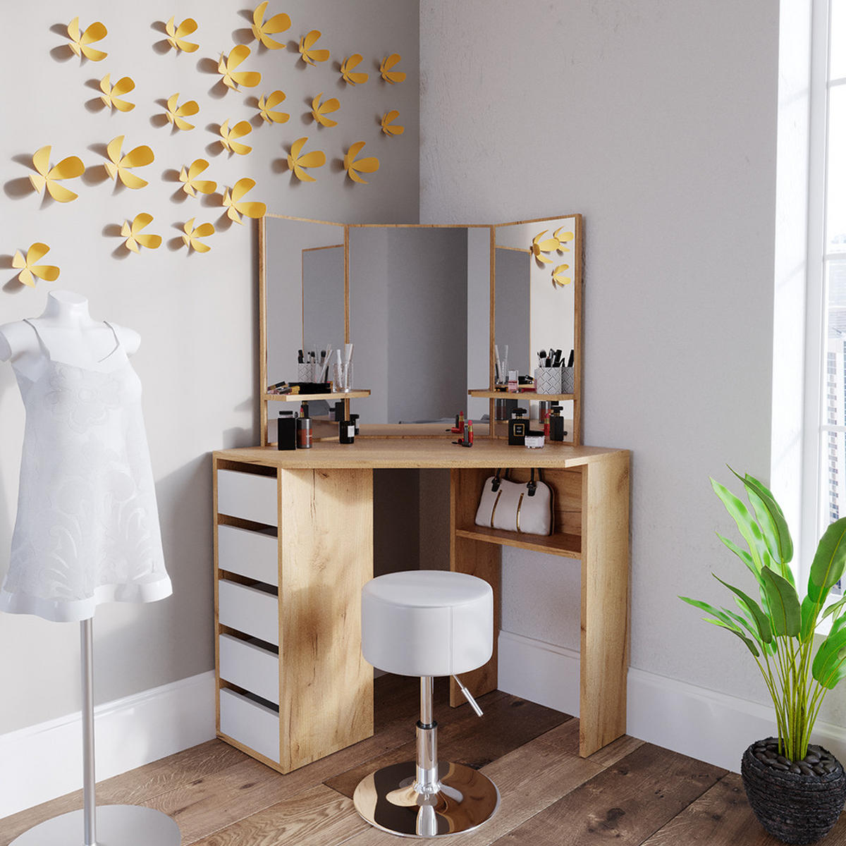 ECKSCHMINKTISCH Arielle Goldkraft Eiche 110 cm mit Hocker - Honigeiche, Holzwerkstoff (110/141.5/54cm) - Vicco