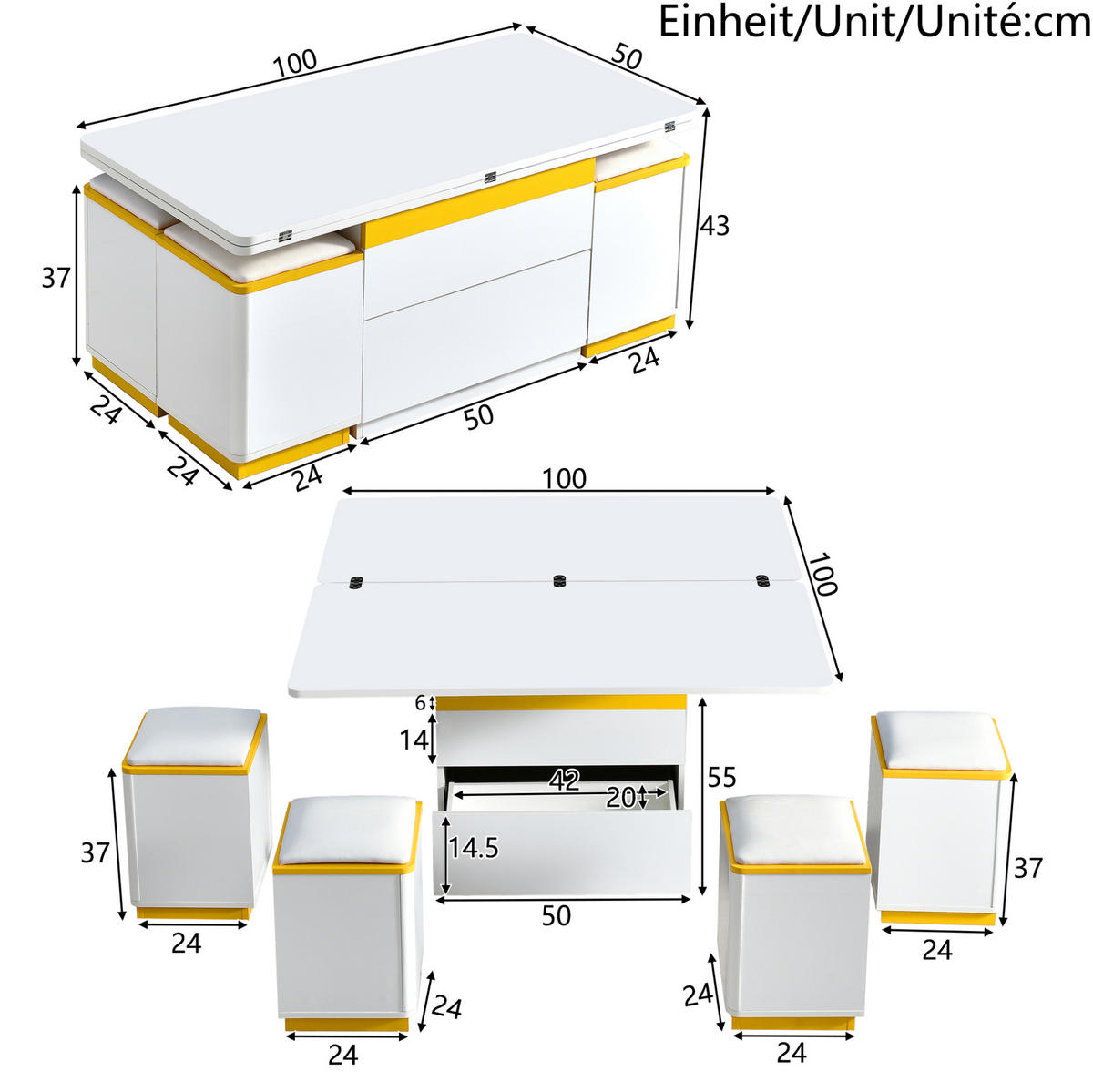 COUCHTISCH 100/50/43 cm mit Klapp- und Hebefunktion, Stauraum und 4 Hockern, Weiß/Gelb - Weiß, Holzwerkstoff (100/50/43cm) - Redom