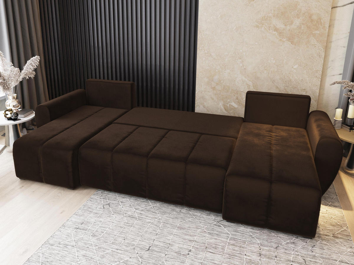 WOHNLANDSCHAFT MADISON U Braun Plüsch-Stoff mit Schlaffunktion - Braun, Holz (311/82/145cm) - MASSENO