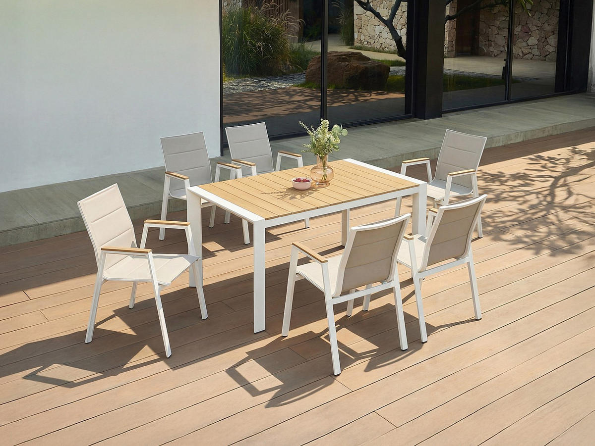 GARTENESSGRUPPE im Set - 6 Personen - Metall - Naturfarben Hell, Weiß - - Naturfarben/Weiß, Metall - Vente-Unique