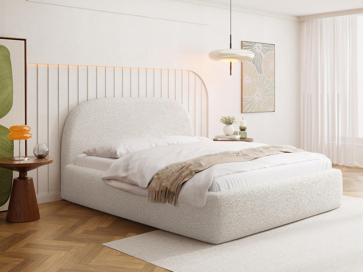 POLSTERBETT Puro mit Bettkasten, Weiß Boucle 120 x 200 cm – mit Metall-Lattenrost - Birkefarben/Schwarz, Holzwerkstoff/Kunststoff (120/200cm) - WFL GROUP