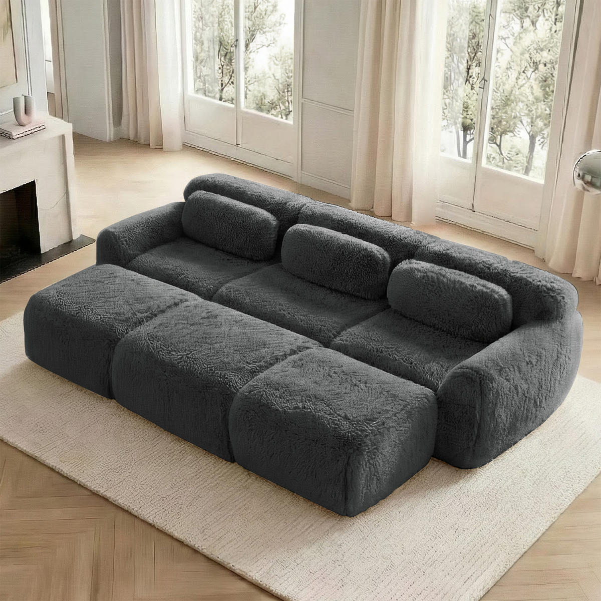 SCHLAFSOFA 3-Sitzer aus Plüschstoff mit 3 Hockern, Grau - Grau, Textil (291/73/179cm)