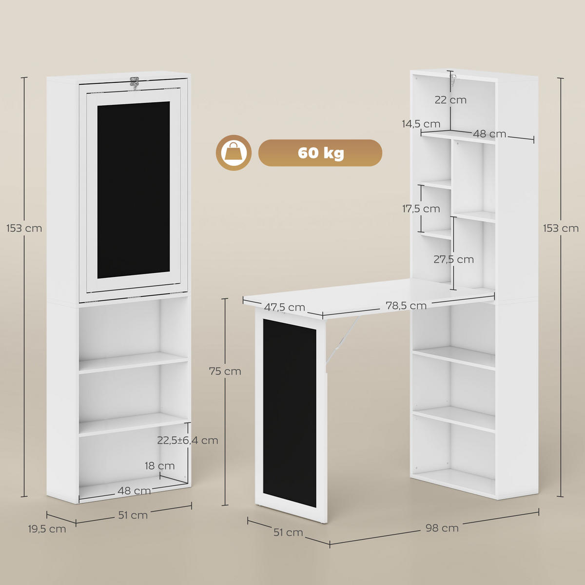 SCHREIBTISCH Holzoptik klappbar mit Regal und Tafel 98/51/153 cm - Weiß, Holzwerkstoff (51/98/153cm) - PANGIVO