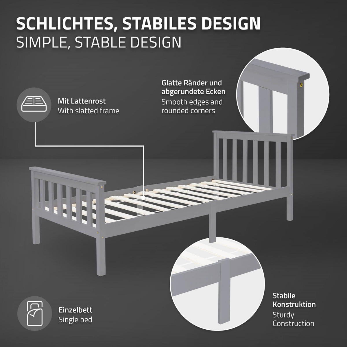 DŘEVĚNÁ POSTEL 90x200 cm světle šedé borové dřevo s roštem a matrací H10 cm - světle šedá, dřevo (90/200cm) - ML-DESIGN