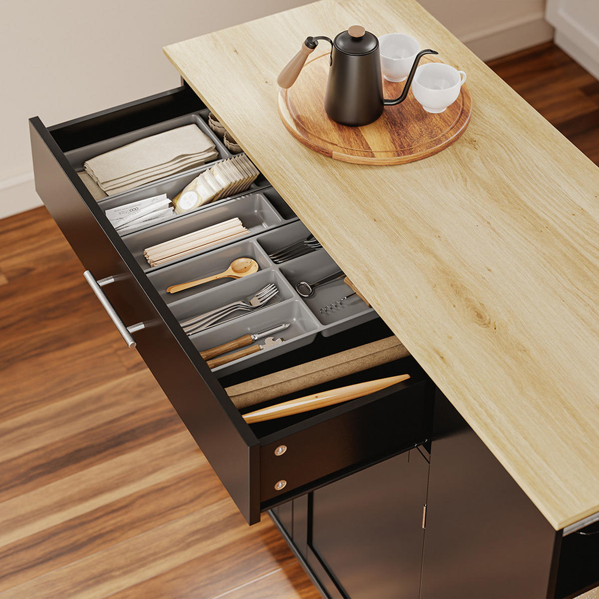 KUCHYŇSKÝ vozík s dřevěnou deskou a úložným prostorem - barva javoru, kožešina (99/84.3/40cm) - SoBuy
