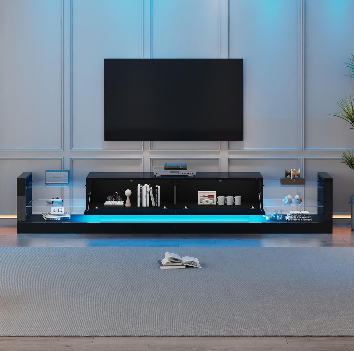 TV-SCHRANK 181/38/38 cm schwarz Spanplatte mit LED-Beleuchtung und zwei klappbaren Schubladen - Schwarz, Holzwerkstoff (181/38/38cm) - OKWISH