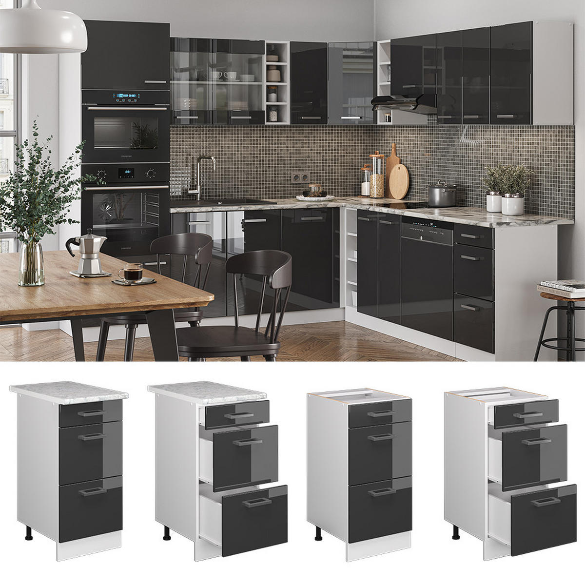 KÜCHENUNTERSCHRANK R-Line Anthrazit Hochglanz 40 cm mit Schubladen AP Anthrazit - Anthrazit/Weiß, Holzwerkstoff (40/81.6/60cm) - Vicco
