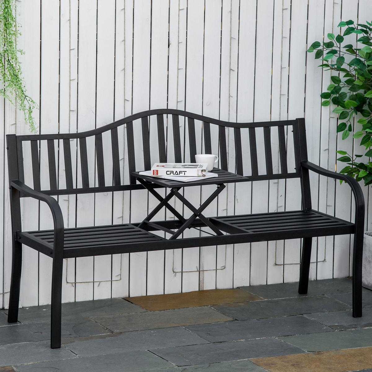 GARTENBANK mit ausziehbarem Tisch, 150 x 58,5 x 90 cm, Metall, Schwarz - Schwarz, Metall (150/90/58.5cm) - Outsunny