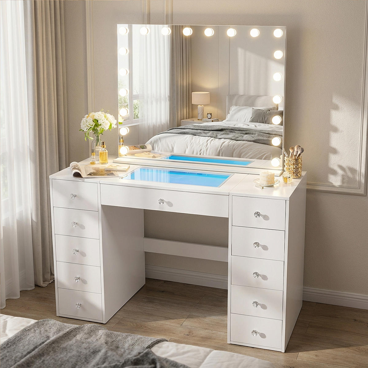 SCHMINKTISCH mit 11 Schubladen 130/55/81 CM und LED Beleuchtung Schminkspiegel 100 x 80 CM - Weiß, Holz/Metall (130/81/55cm) - VANITII