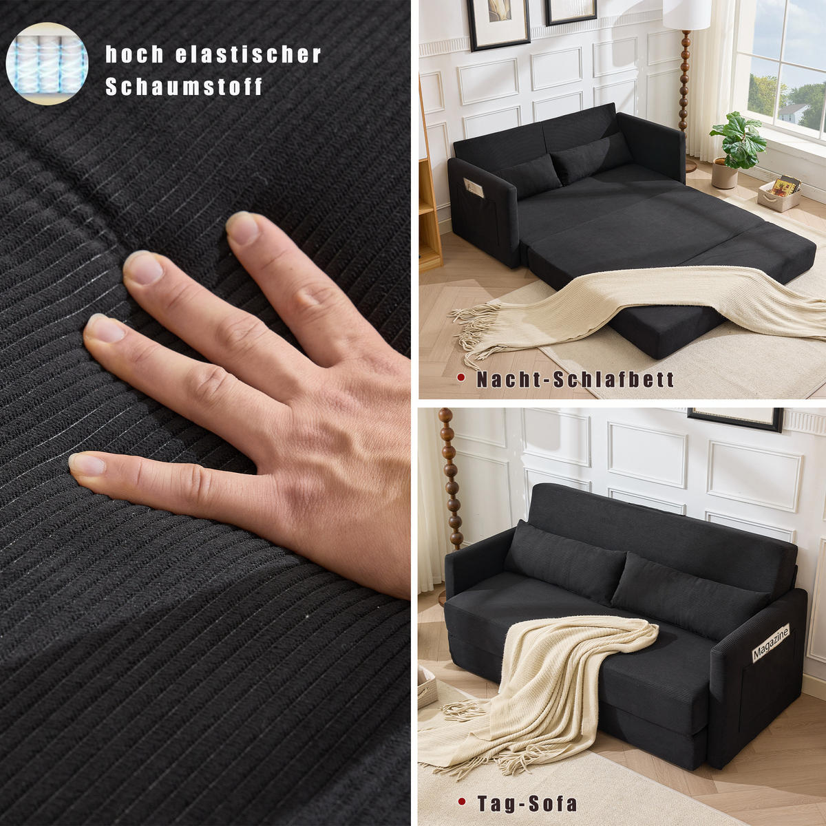 2-SITZER SCHLAFSOFA Cord Schwarz mit 2 Lendenkissen und Magazintaschen - Schwarz, Holzwerkstoff/Textil (165/67/212cm) - WISHDOR