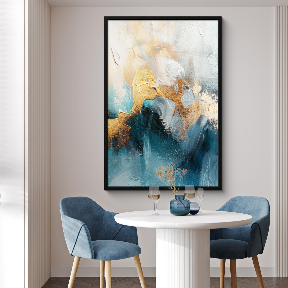 GERAHMTES BILD Abstrakt - Kunst - Gold - Blau 80x120 cm - Petrol, Papier (80/120cm) - MuchoWow