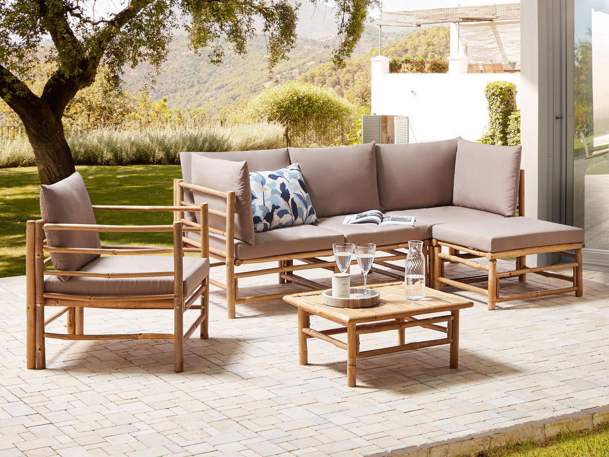 LOUNGE SET 5-Sitzer Bambusholz hellbraun 4-teilig Auflagen taupe Cerreto - Taupe, Holz - Beliani