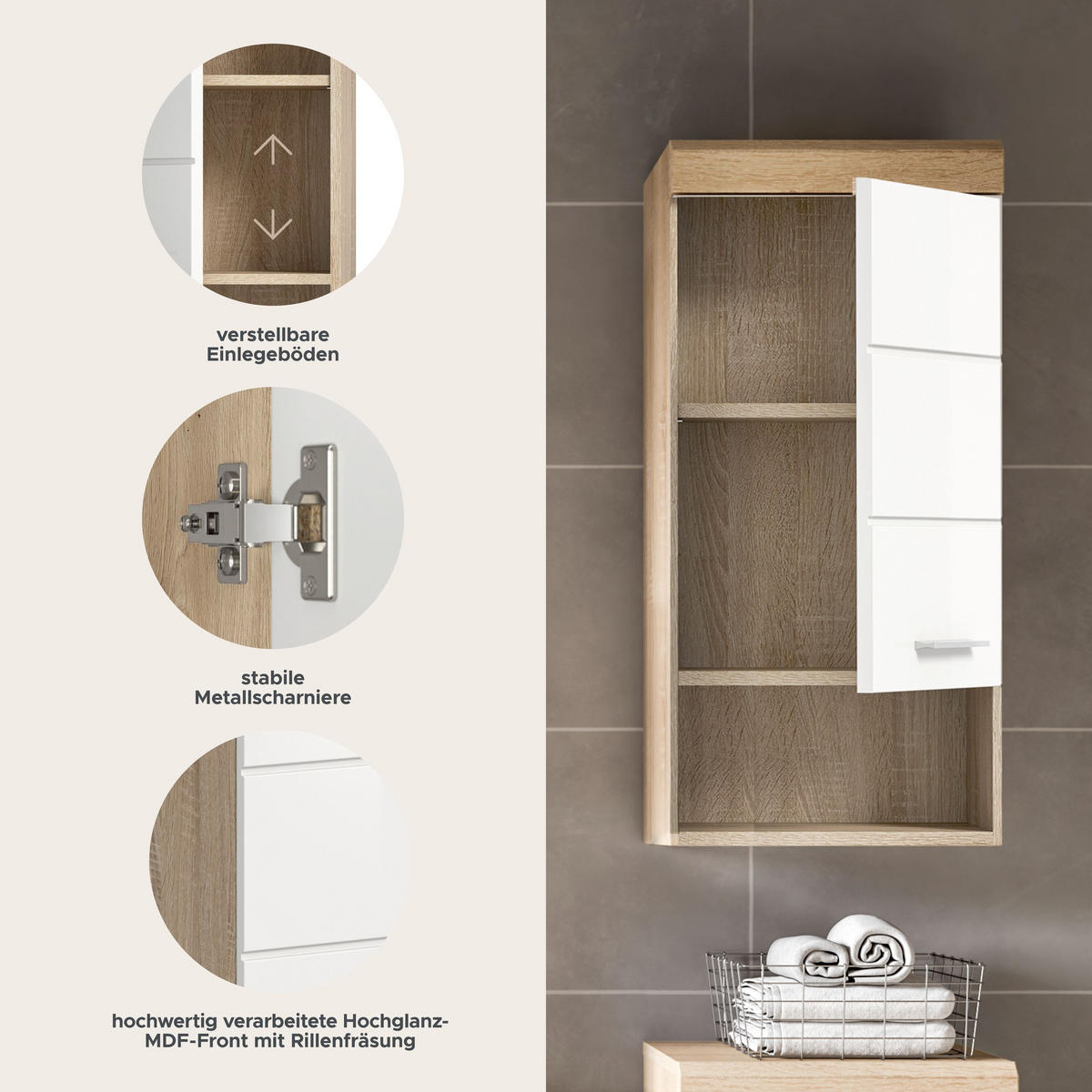 HÄNGESCHRANK Lambada Bad in Sonoma Eiche hell und weiß hochglanz B/H/T: 37x79x24 cm - Eichefarben, Holz (37/79/24cm)