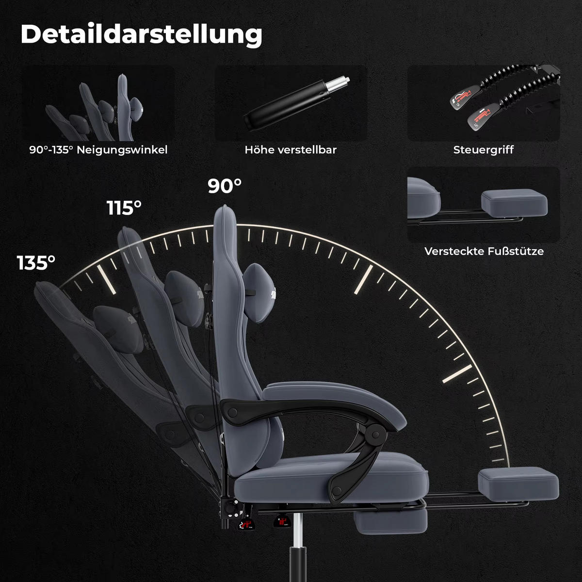 GAMINGSTUHL mit Fußstütze & Lendenkissen Ergonomisch Grau - Grau, Metall (62.2/180/48.3cm) - Kaket